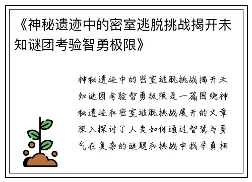 《神秘遗迹中的密室逃脱挑战揭开未知谜团考验智勇极限》
